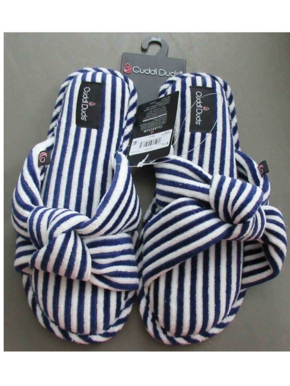 Cuddl Duds Women's Rib Velour Slide Slippers, Blue Ivory Stripe, Small (5 5.5 6)